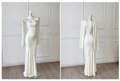 White Strapless Mermaid Evening Gown With Detachable Cape F0466