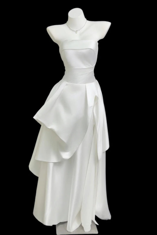 White Strapless Satin A-line Formal Dress F0335