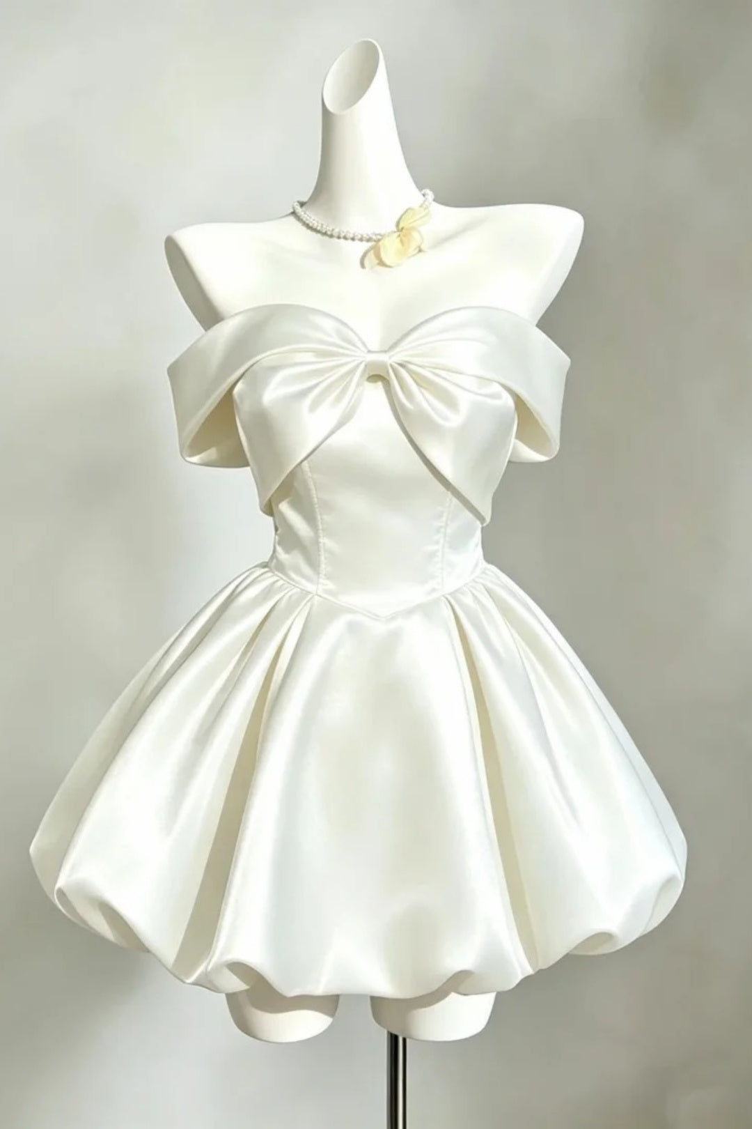 Satin Bow Off Shoulder Mini Dress, Ivory Homecoming Dress
