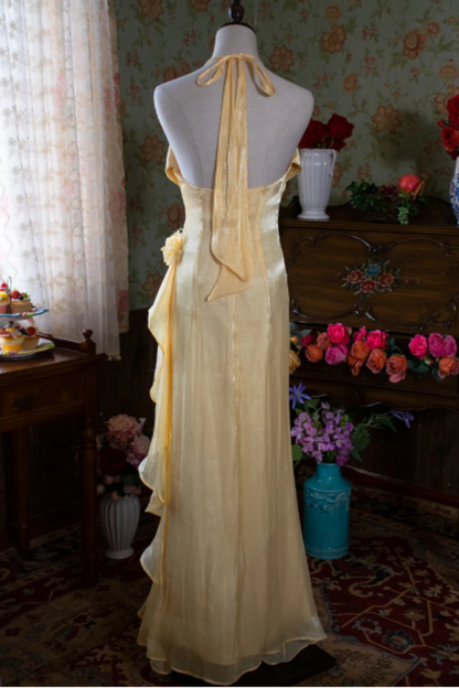Yellow Halter Mermaid Formal Dress with 3D Flowers L029