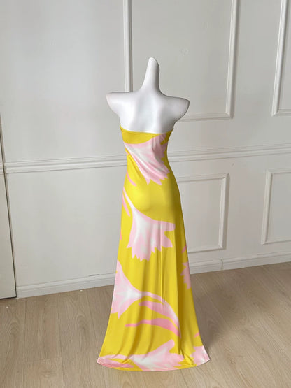Yellow Pink Floral Strapless Vacation Beach Maxi Dress F0491