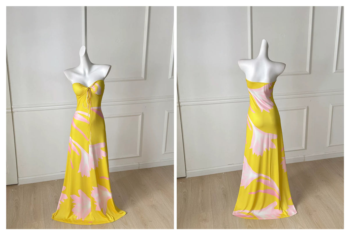 Yellow Pink Floral Strapless Vacation Beach Maxi Dress F0491