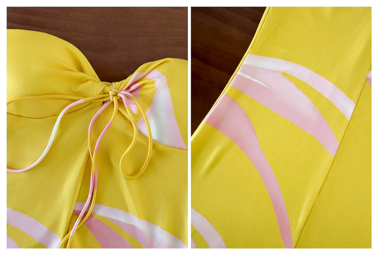 Yellow Pink Floral Strapless Vacation Beach Maxi Dress F0491