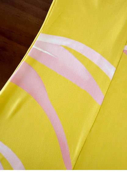 Yellow Pink Floral Strapless Vacation Beach Maxi Dress F0491