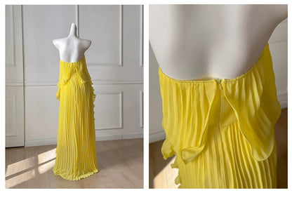 Yellow Pleated Strapless Maxi Dress F0479