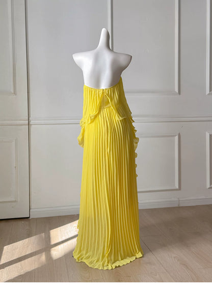 Yellow Pleated Strapless Maxi Dress F0479