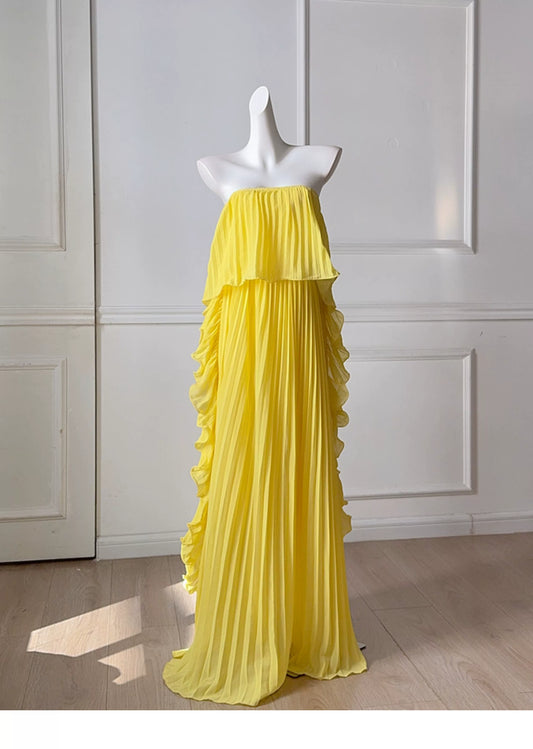 Yellow Pleated Strapless Maxi Dress F0479