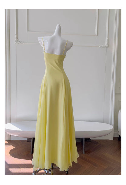 Yellow Spaghetti Strap Chiffon Maxi Dress, Bridesmaid Evening Gown  F0431