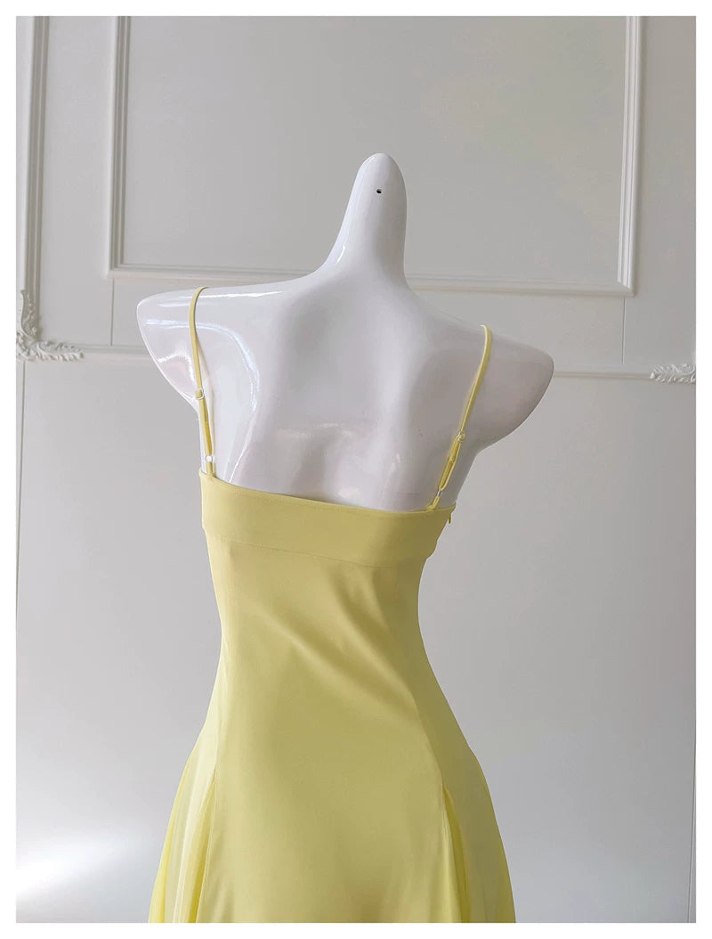 Yellow Spaghetti Strap Chiffon Maxi Dress, Bridesmaid Evening Gown  F0431