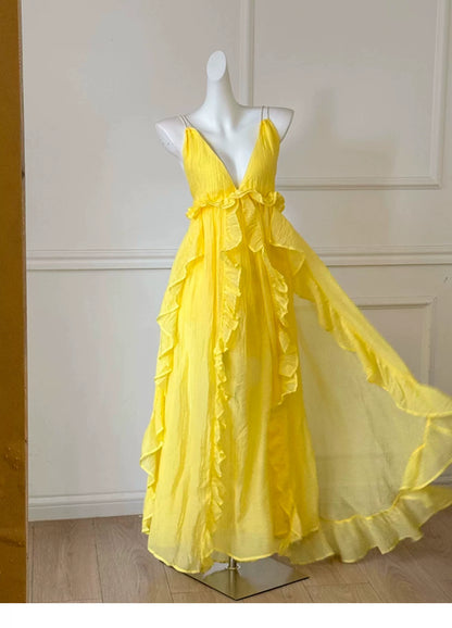 Yellow Spaghetti Strap Ruffle Flowy Maxi Dress F0473