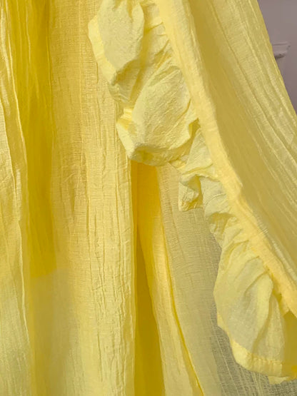 Yellow Spaghetti Strap Ruffle Flowy Maxi Dress F0473