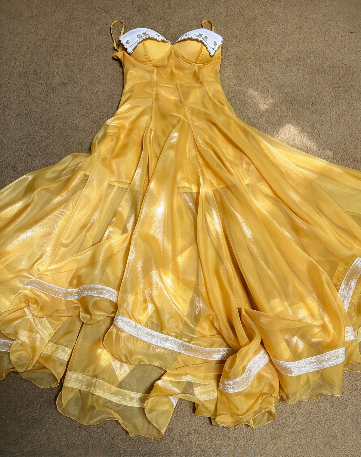 Yellow Strapless Chiffon Gown with White Trim & Full Skirt L038