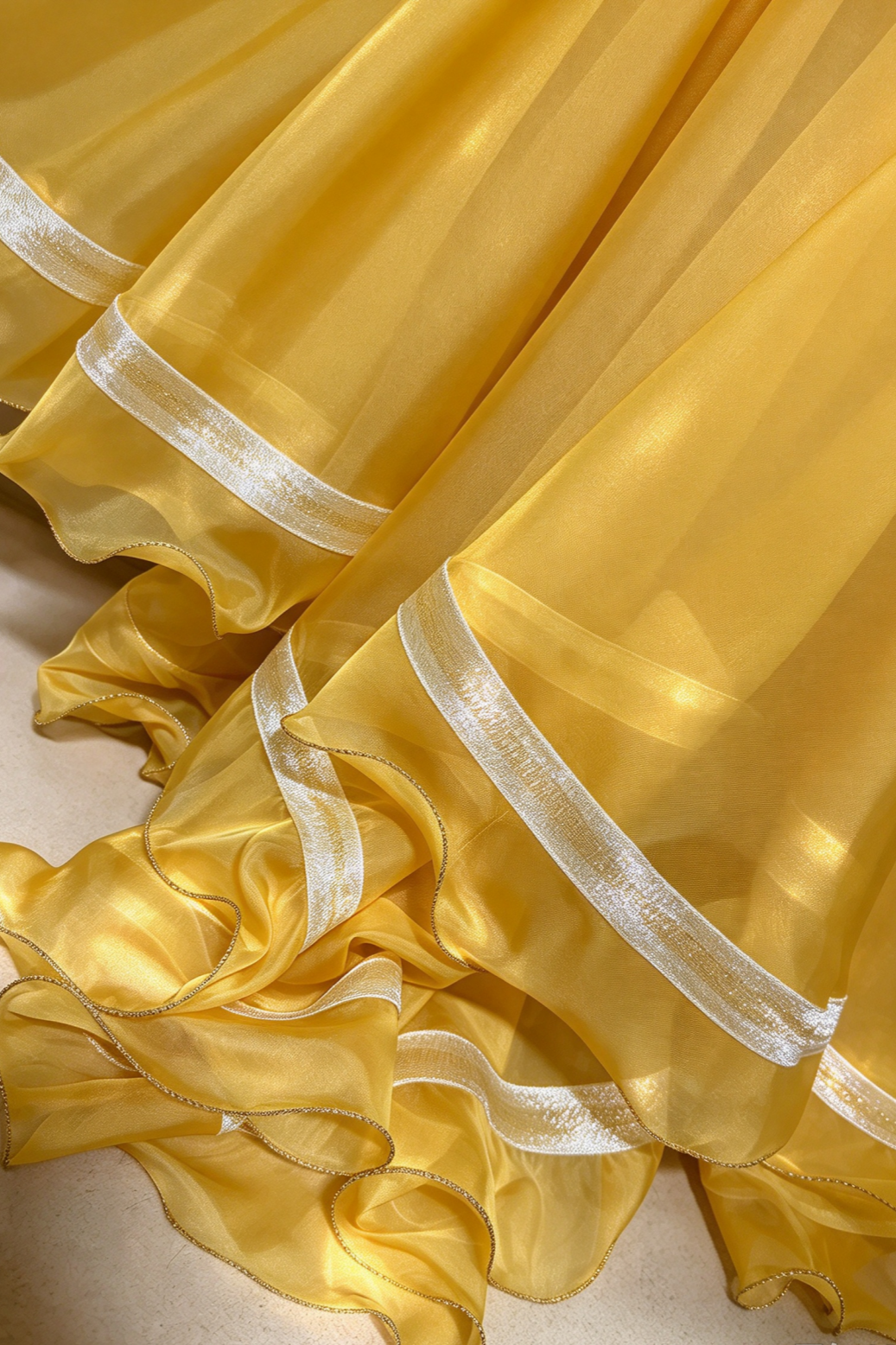Yellow Strapless Chiffon Gown with White Trim & Full Skirt L038