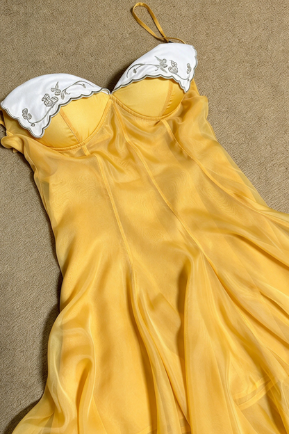 Yellow Strapless Chiffon Gown with White Trim & Full Skirt L038