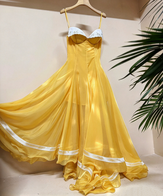 Yellow Strapless Chiffon Gown with White Trim & Full Skirt L038