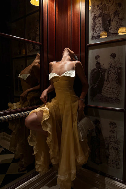Yellow Strapless Chiffon Gown with White Trim & Full Skirt L038