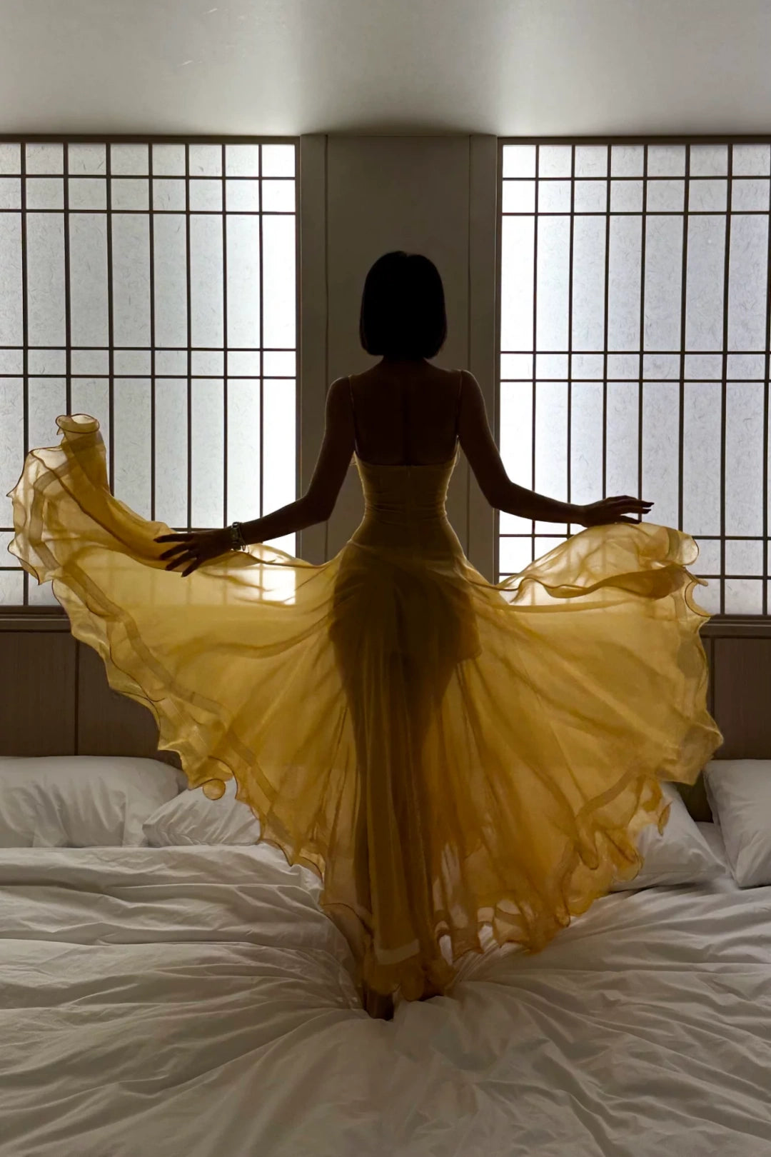 Yellow Strapless Chiffon Gown with White Trim & Full Skirt L038