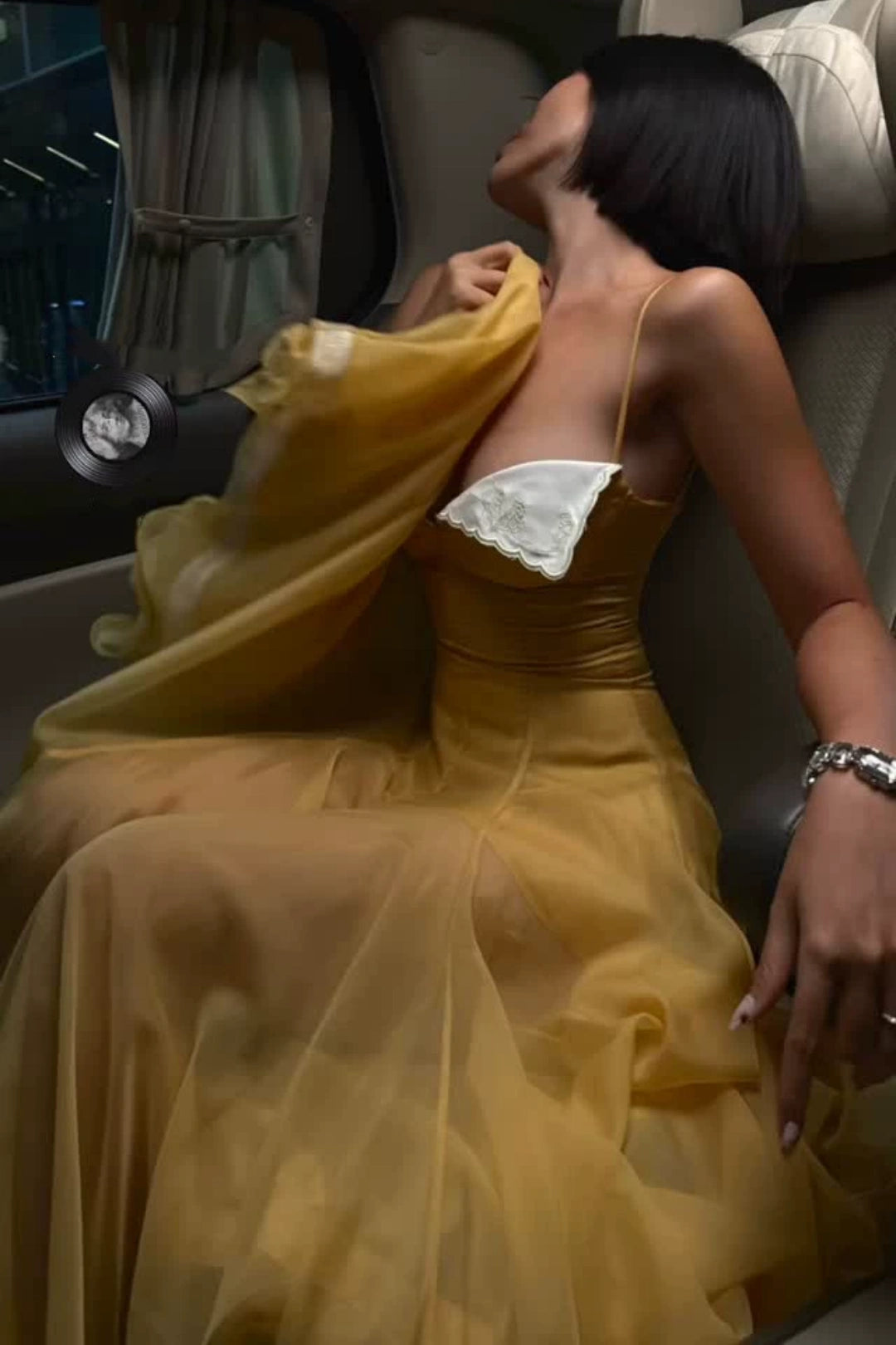 Yellow Strapless Chiffon Gown with White Trim & Full Skirt L038