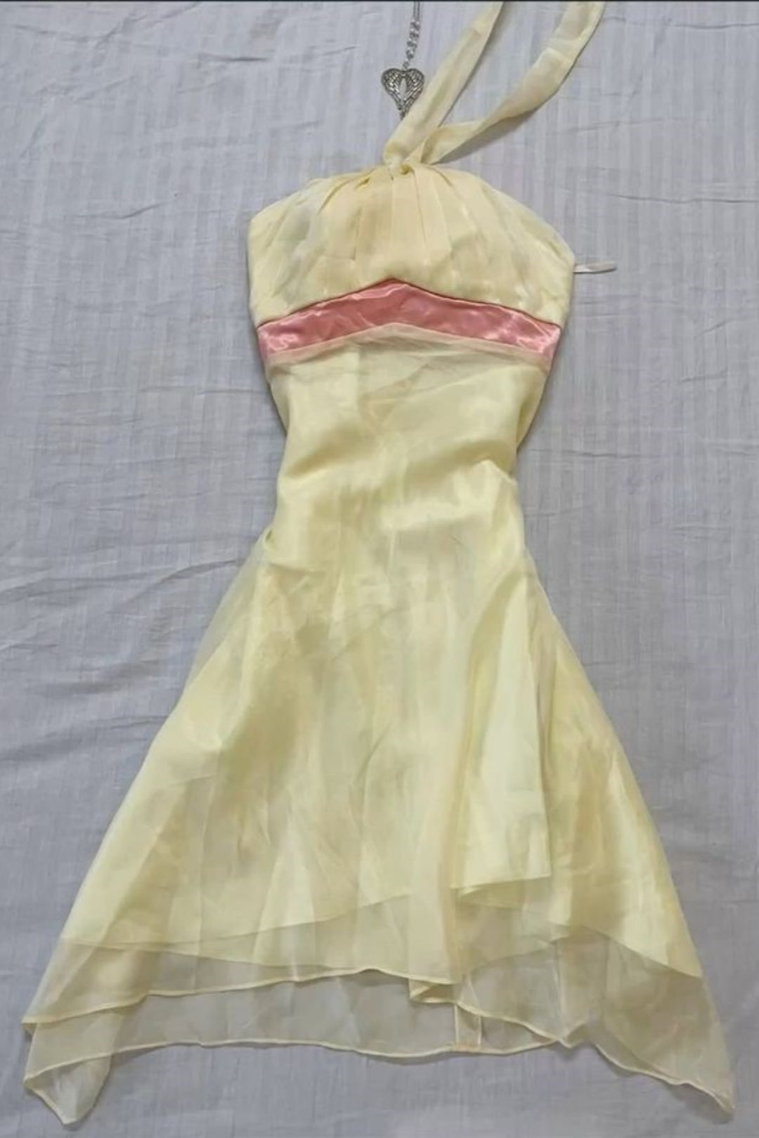 Pale Yellow Halter Chiffon Party Dress Pink Satin Waist Band F0220