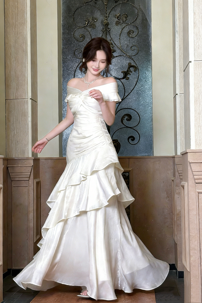 White Long Off-The-Shoulder Prom Dress With Ruffle Details  FD03