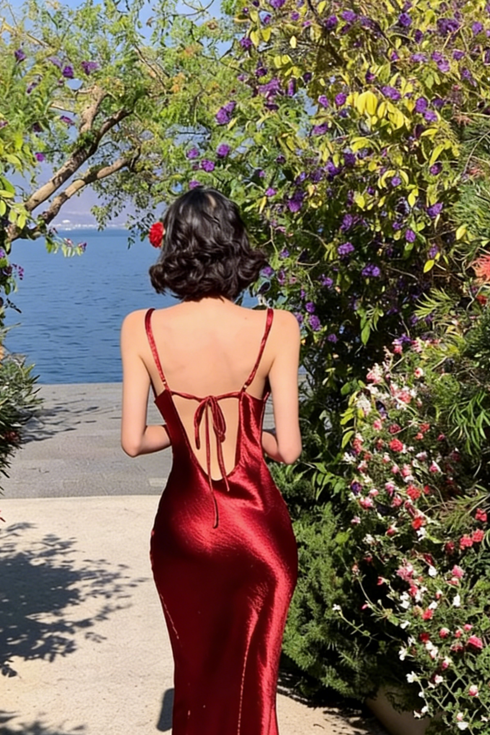 Sexy Deep Red Satin Maxi Dress Spaghetti Strap Backless Design for Cocktail Parties Date Nights FD06