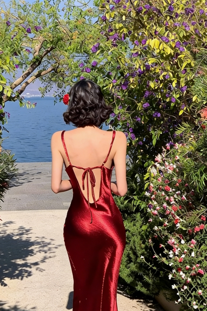 Sexy Deep Red Satin Maxi Dress Spaghetti Strap Backless Design for Cocktail Parties Date Nights FD06