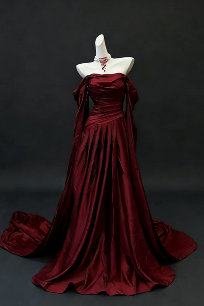 Burgunderrotes Satin-Off-Shoulder-Kleid mit Schleppe, geraffter Taille und fließenden Ärmeln, luxuriöses Abendkleid Floral031