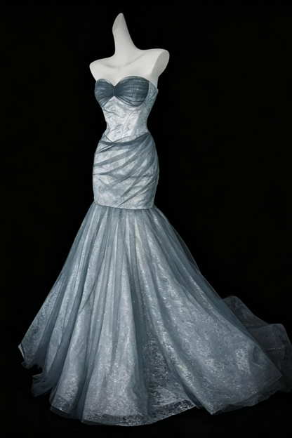 Elegantes schulterfreies, staubblaues Meerjungfrauen-Abschlusskleid Ballkleid, Glitzer-Spitzen-Korsett-Abendkleid mit Schleppe, formelles Partykleid für Damen Floral026