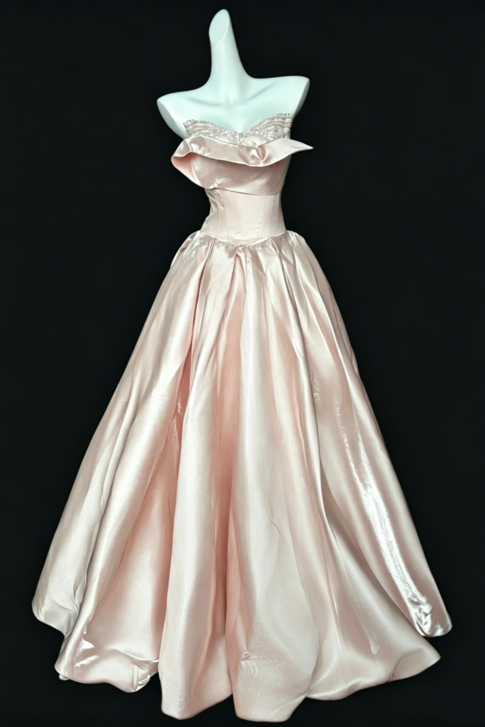 Ball Gown Blush Satin Formal Evening Dress, Adjustable Fold Neck Beaded Prom Gown  F028