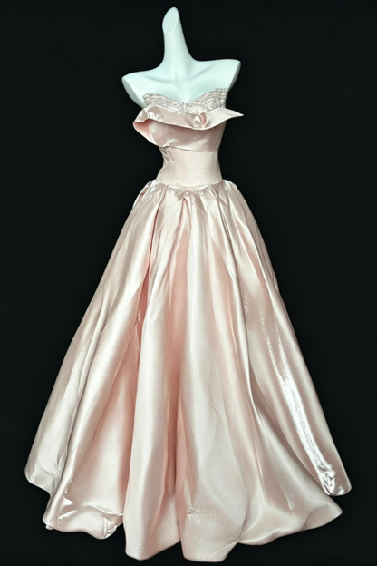 Ball Gown Blush Satin Formal Evening Dress, Adjustable Fold Neck Beaded Prom Gown  F028