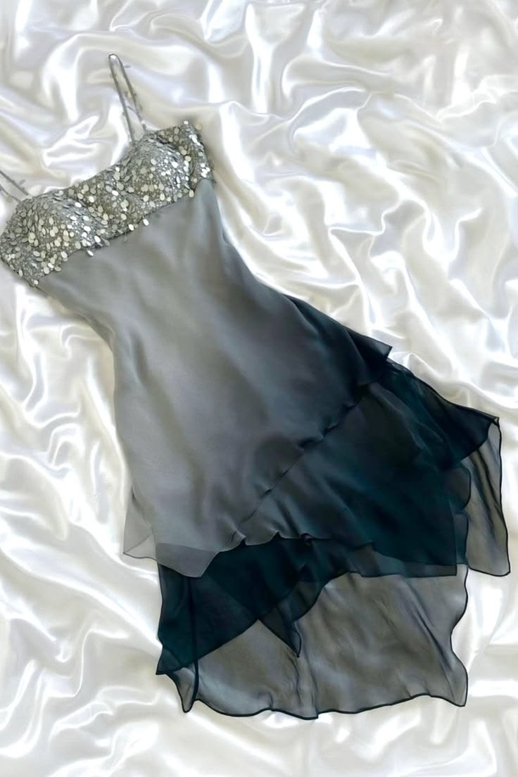 Grey Black Ombre Chiffon Dress Sequin Bodice High Low Party Gown F0223
