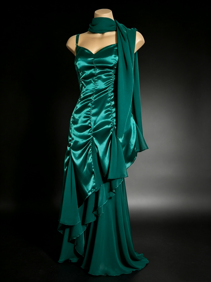 Emerald Green Satin Sweetheart Evening Dress Chiffon Scarf F0226