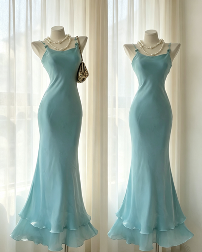 Light Cyan Satin Mermaid Evening Dress Spaghetti Strap Ruffle Hem Gown F0137