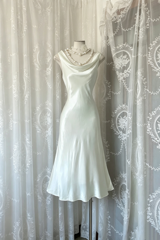 Weißes Satin-Midikleid mit Wasserfallausschnitt, ärmelloses Slip-Kleid für Hochzeiten und Abendveranstaltungen F0021