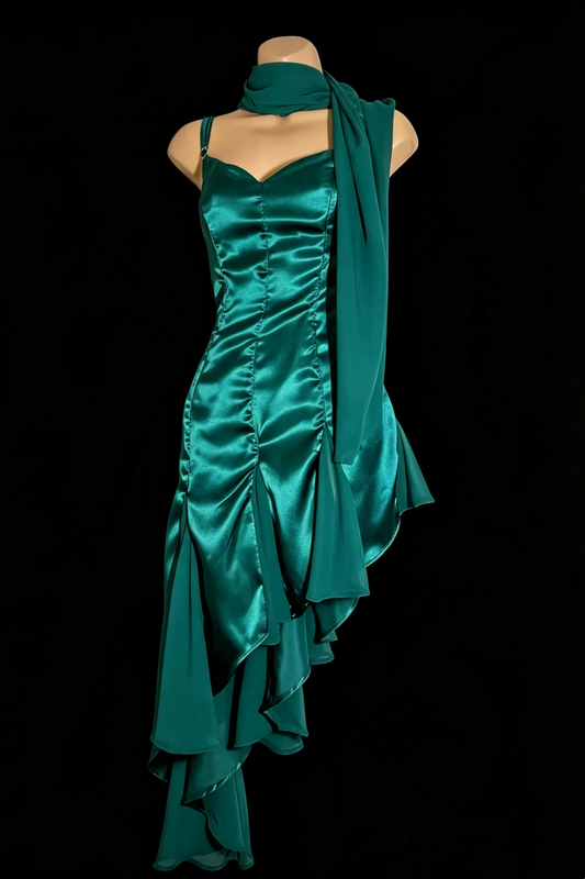 Smaragdgrünes Satin-Spaghettiträgerkleid Asymmetrisches Chiffon-Abendkleid Lang & Midi F0025