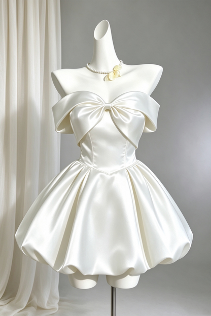 Satin Bow Strapless Short Puff Dress Cocktail Gown F0200