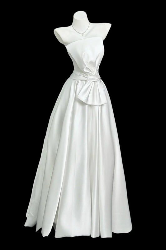 Formelles Abendkleid aus weißem Satin, trägerloses, langes Kleid mit großer Schleife an der Taille F0062