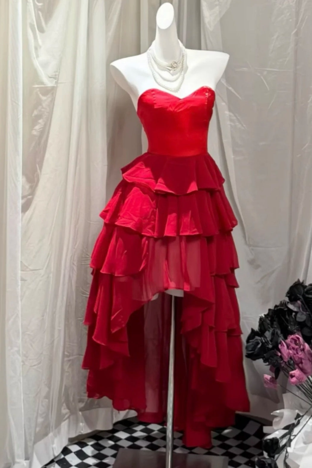 Red Strapless Sweetheart High Low Tiered Ruffle Formal Dress F0275